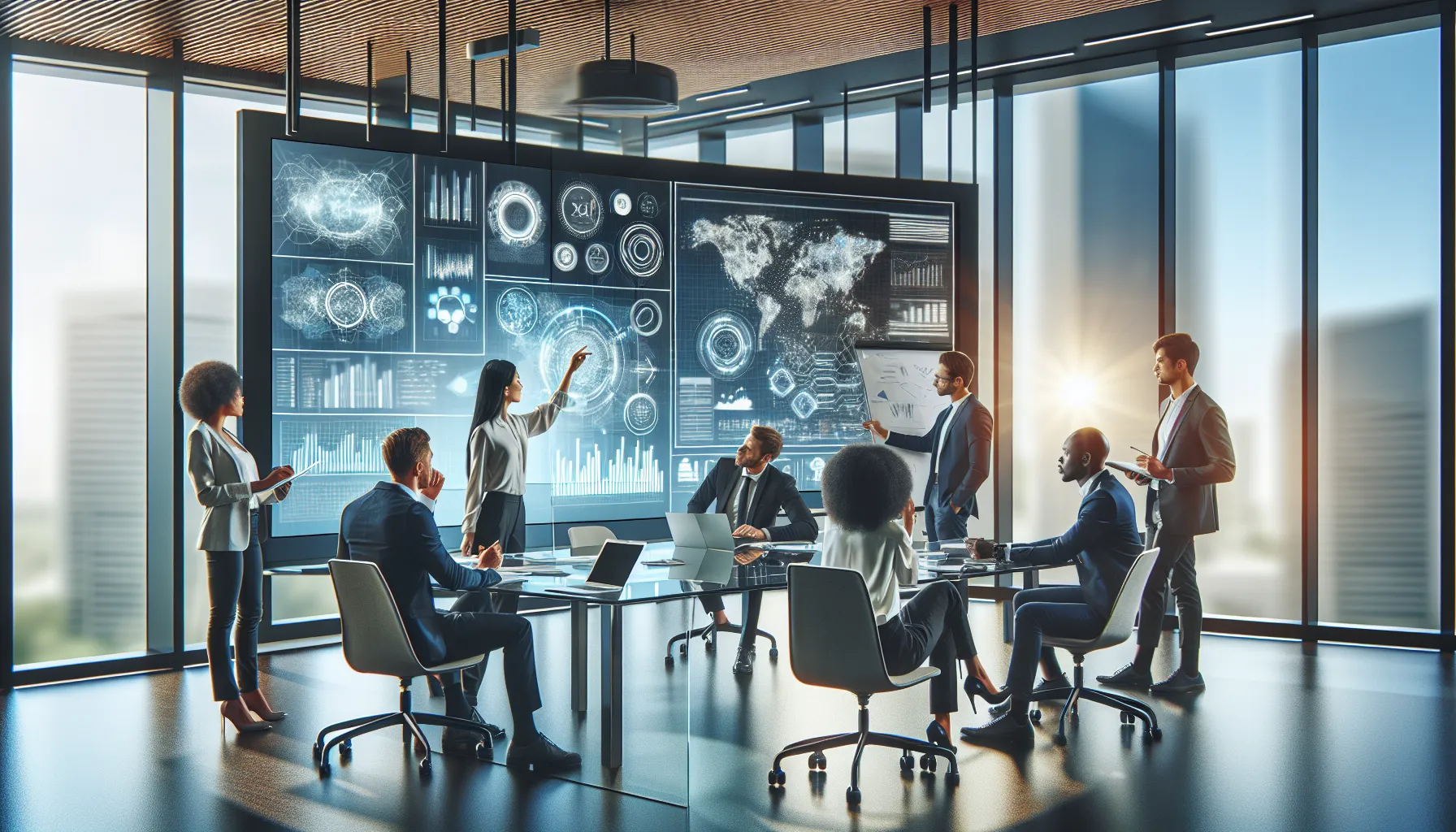 diverse professionals brainstorming in a modern conference room.