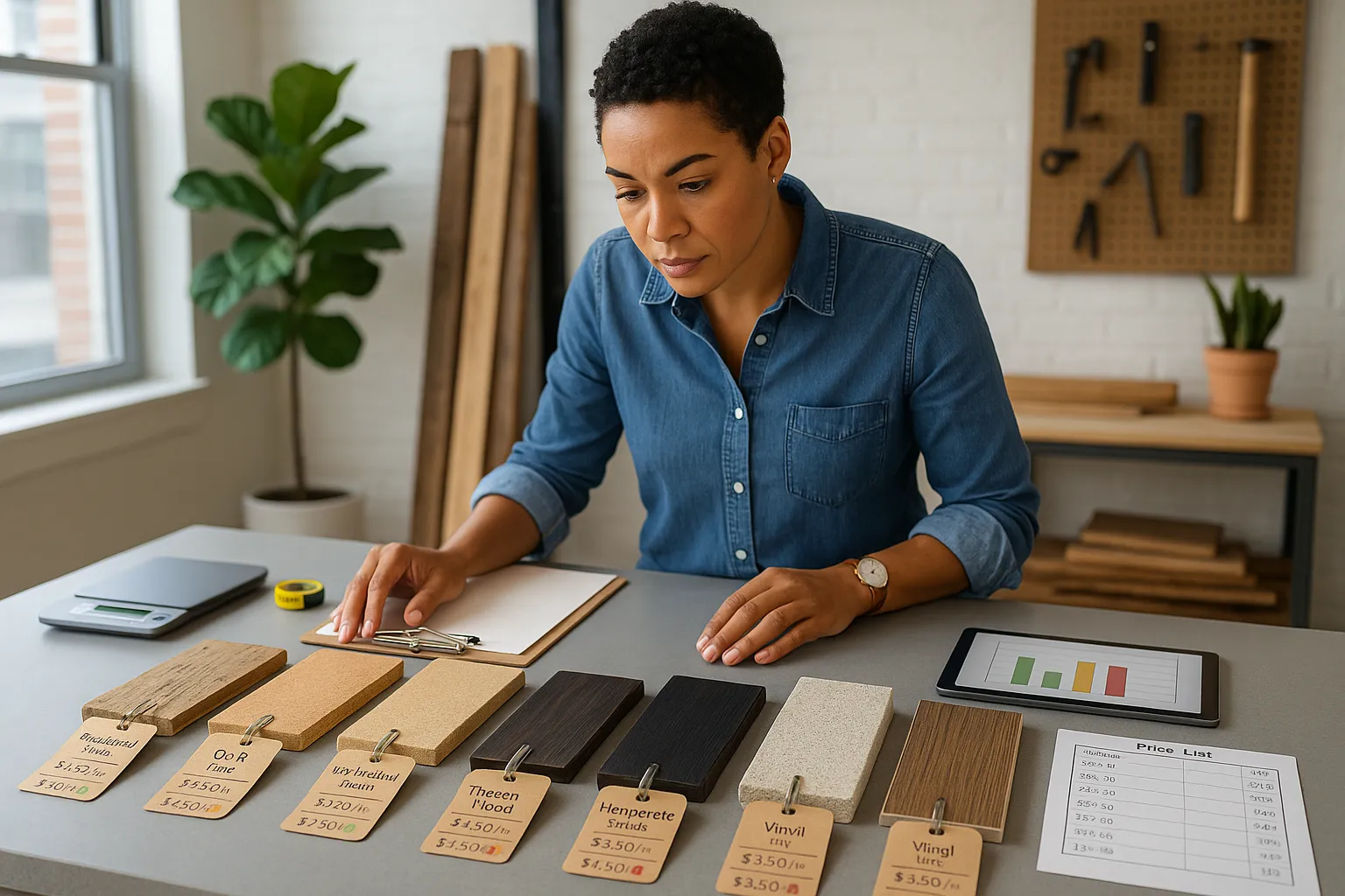 Designer comparing material samples with labeled lifespan and price tags.