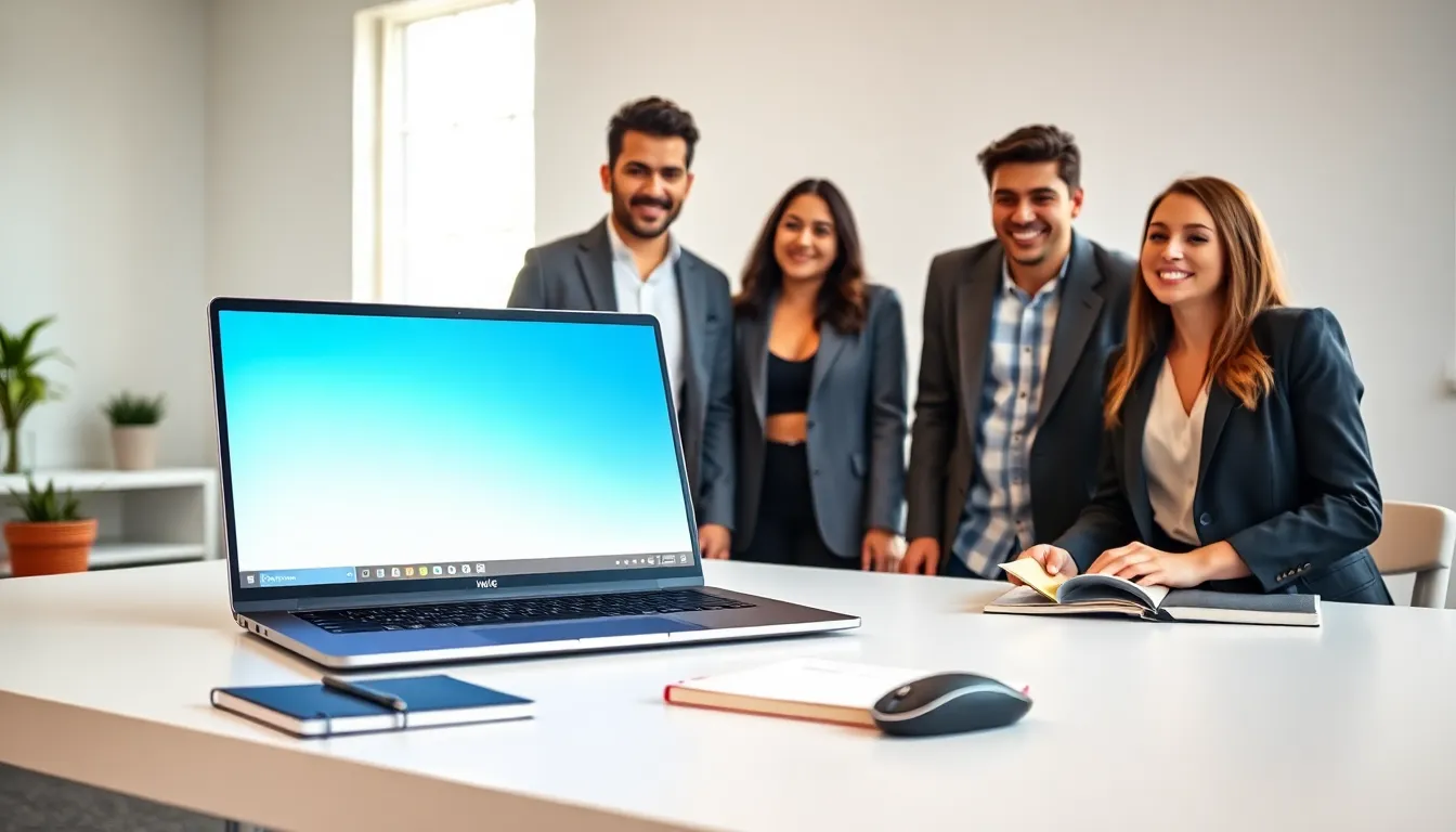 modern workspace with an HP 15-inch laptop and diverse professionals collaborating.