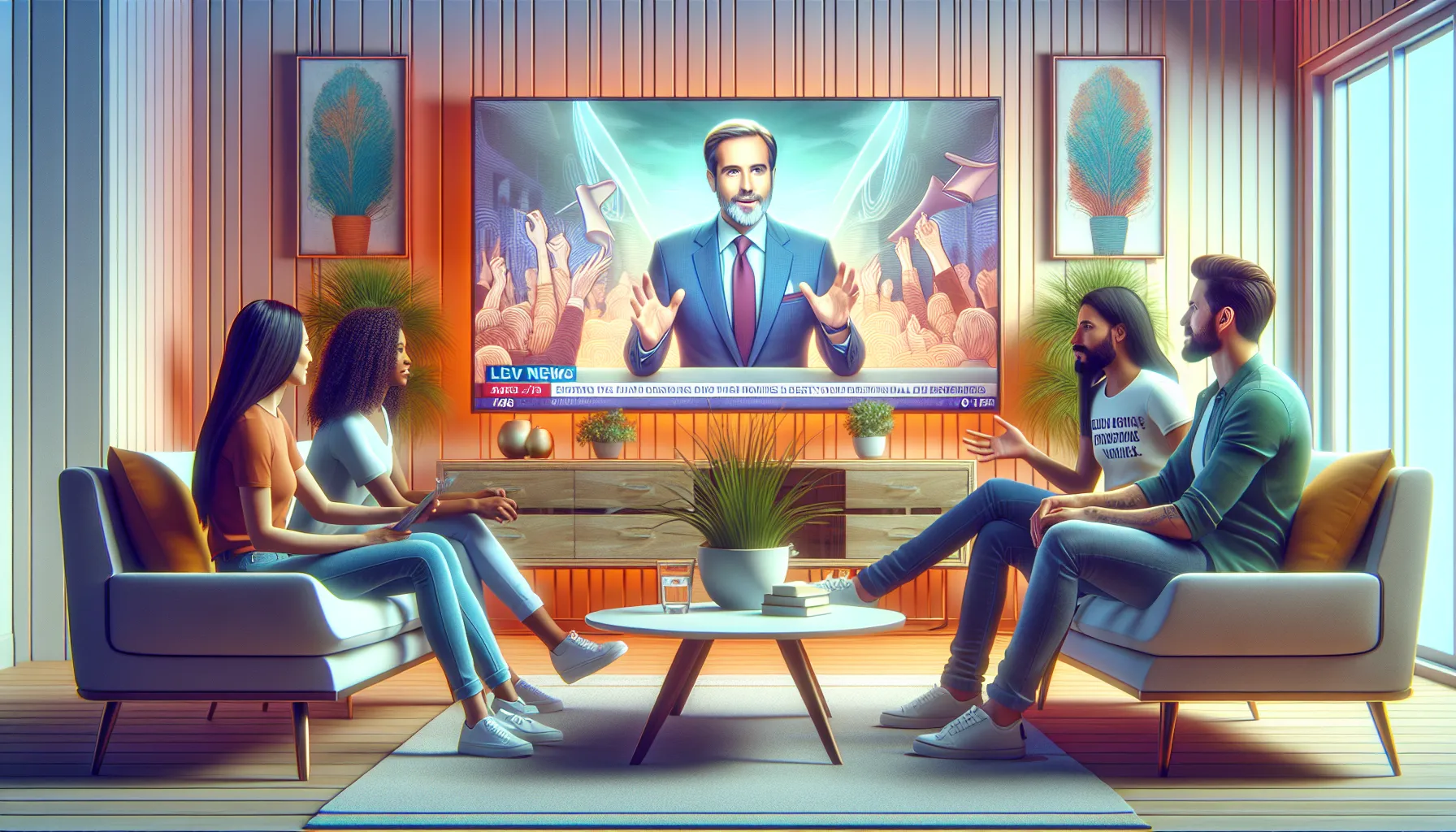 friends discussing life decisions in a cozy living room.