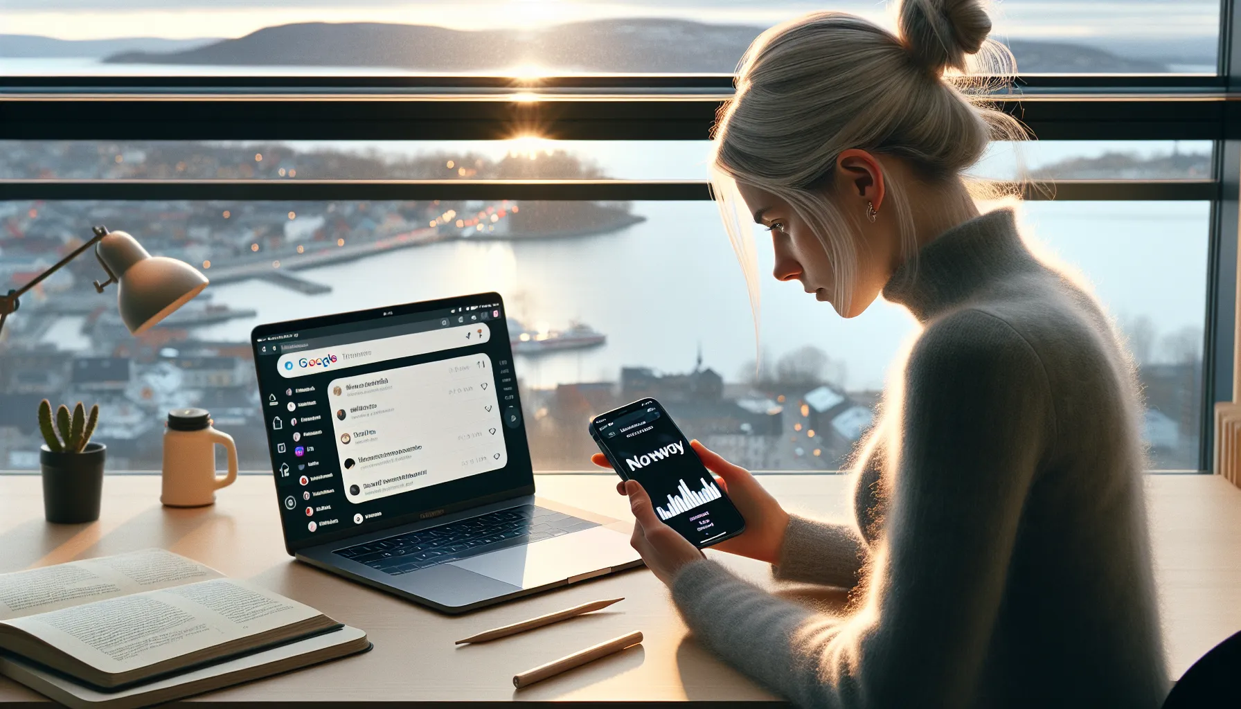 Norwegian marketer analyzing tiktok and instagram keywords on phone and laptop.