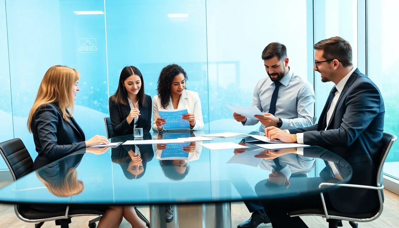 diverse professionals discussing data in a modern office setting.
