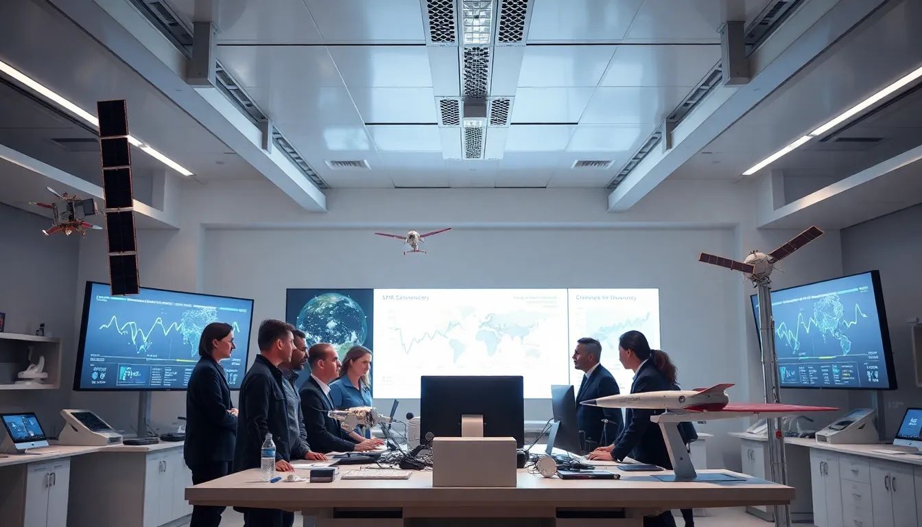 engineers collaborating on space technology innovations in a modern lab.