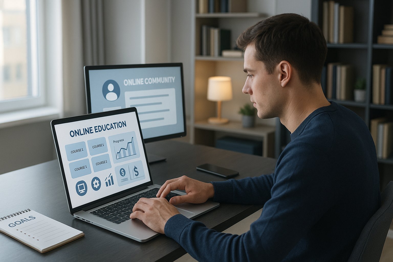 Person using an online learning platform in a modern home office.