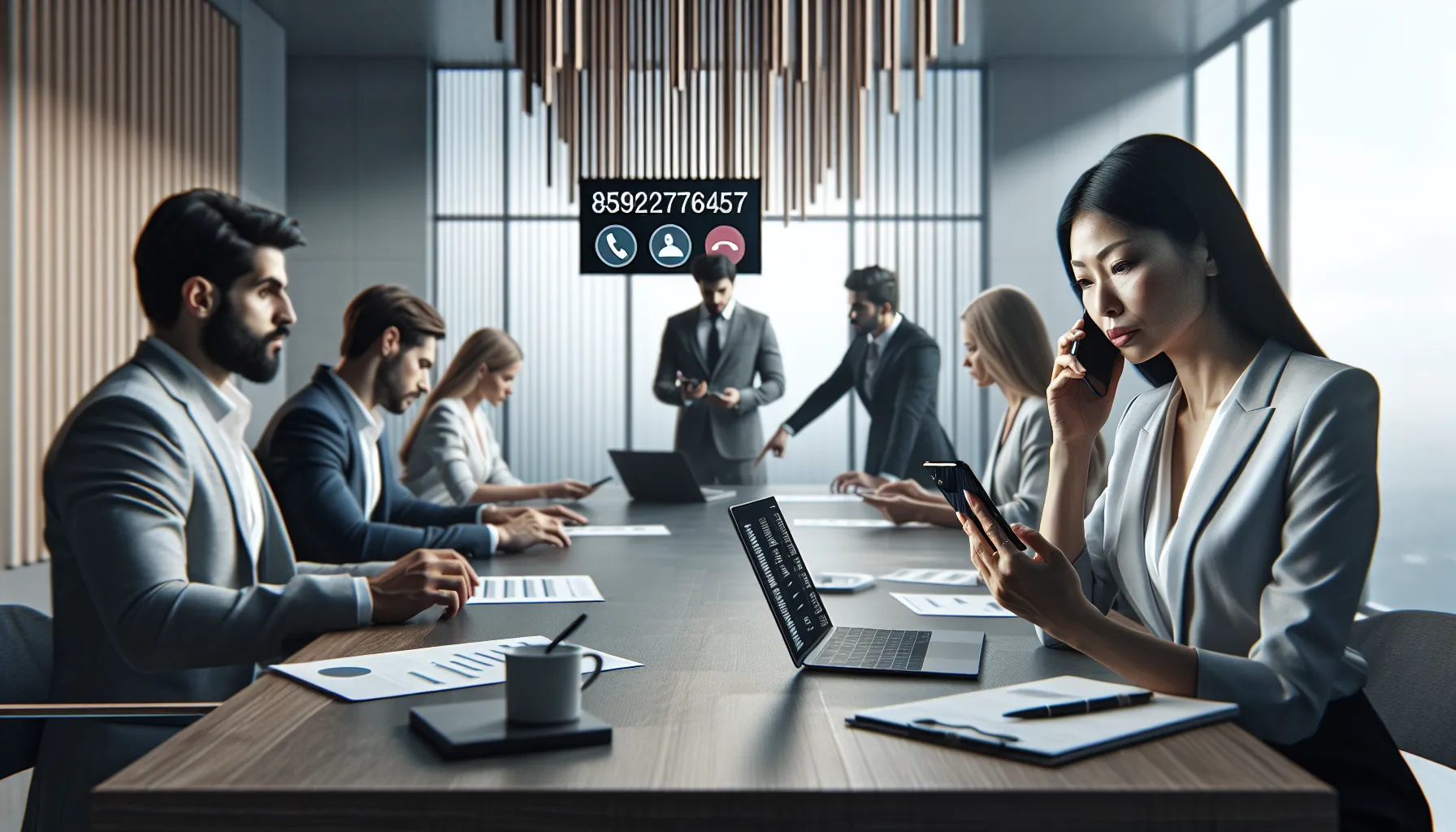 diverse team discussing spam call identification in a modern office.