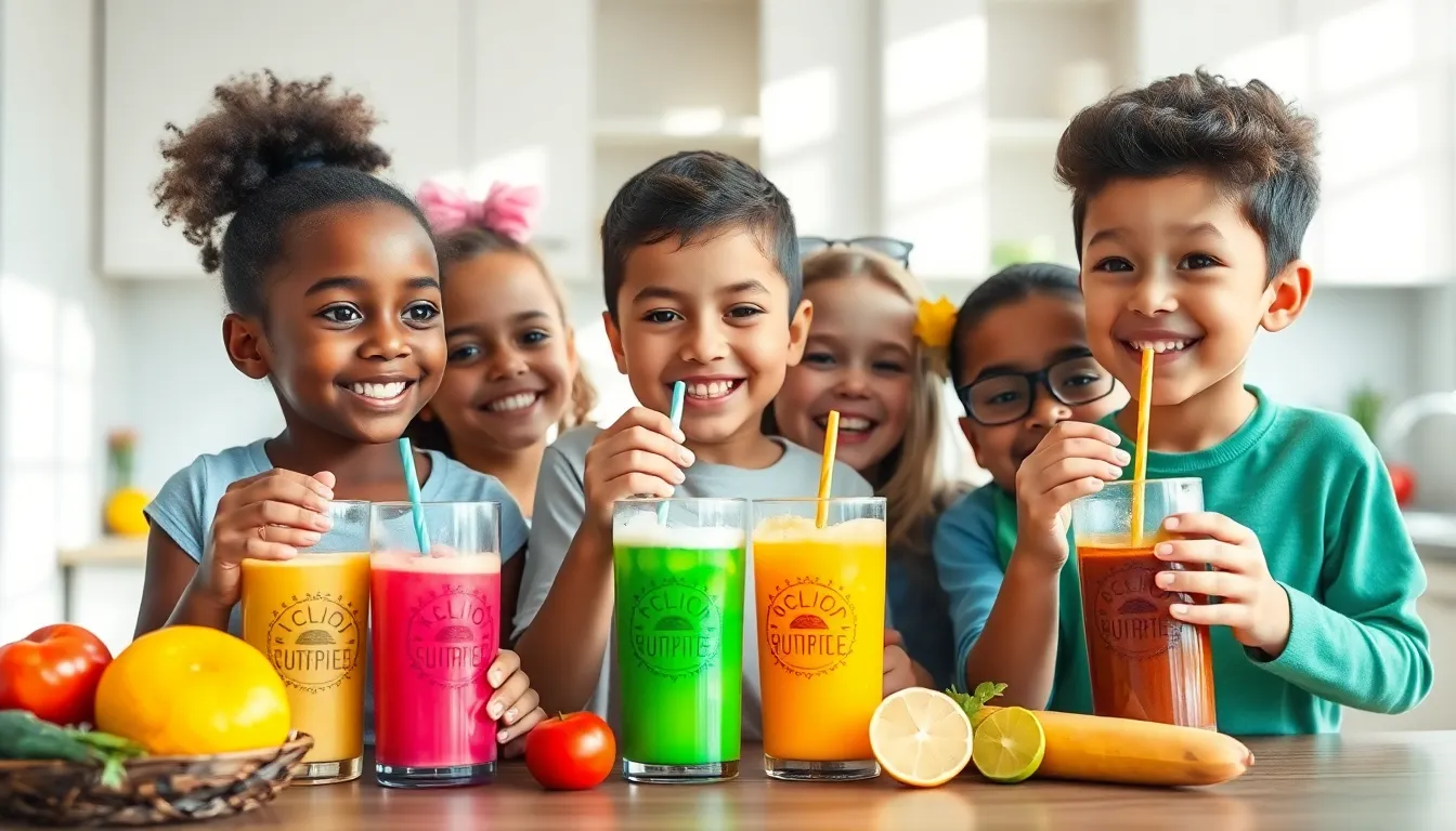 Children enjoying nutritious drinks in a bright kitchen.