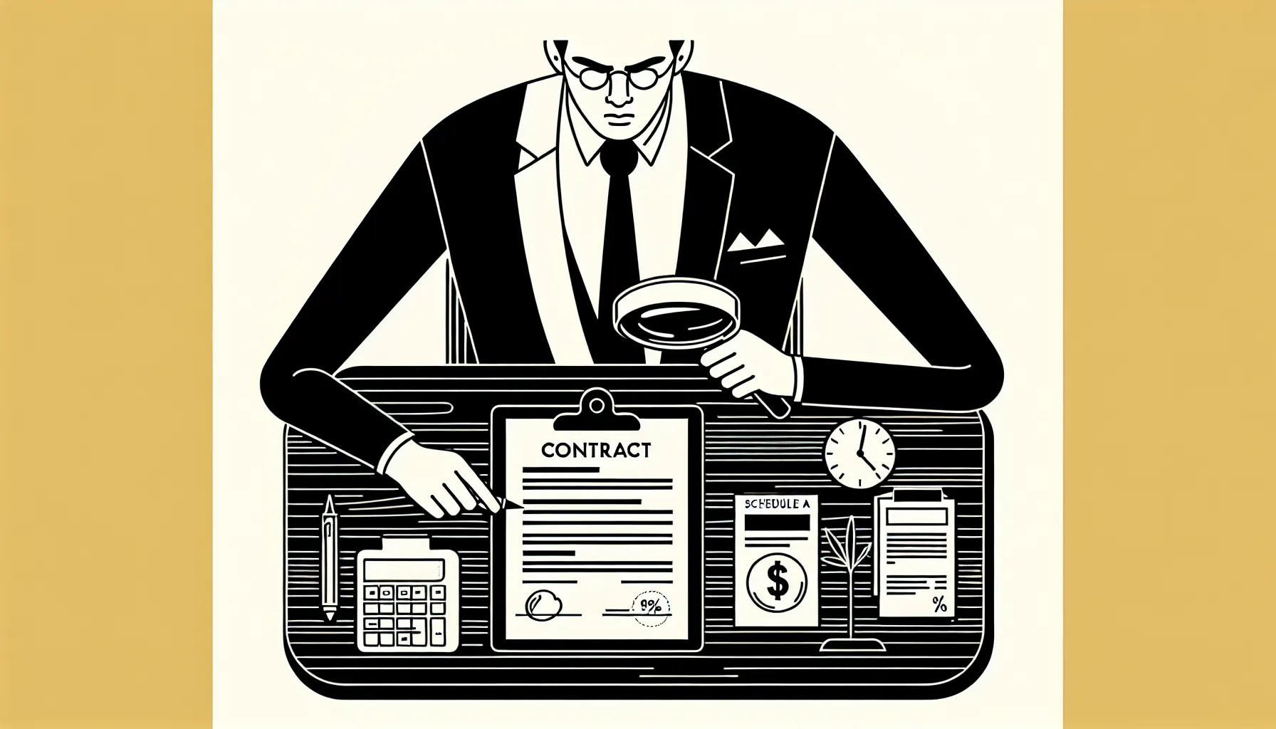 Dentist examining a contract with magnifying glass and Connecticut silhouette.