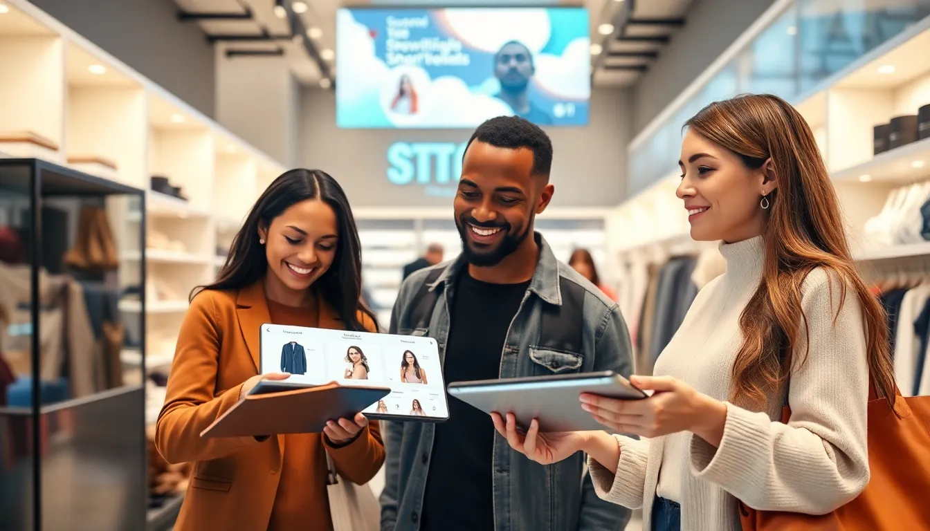 diverse shoppers interacting with digital displays in a modern retail environment.