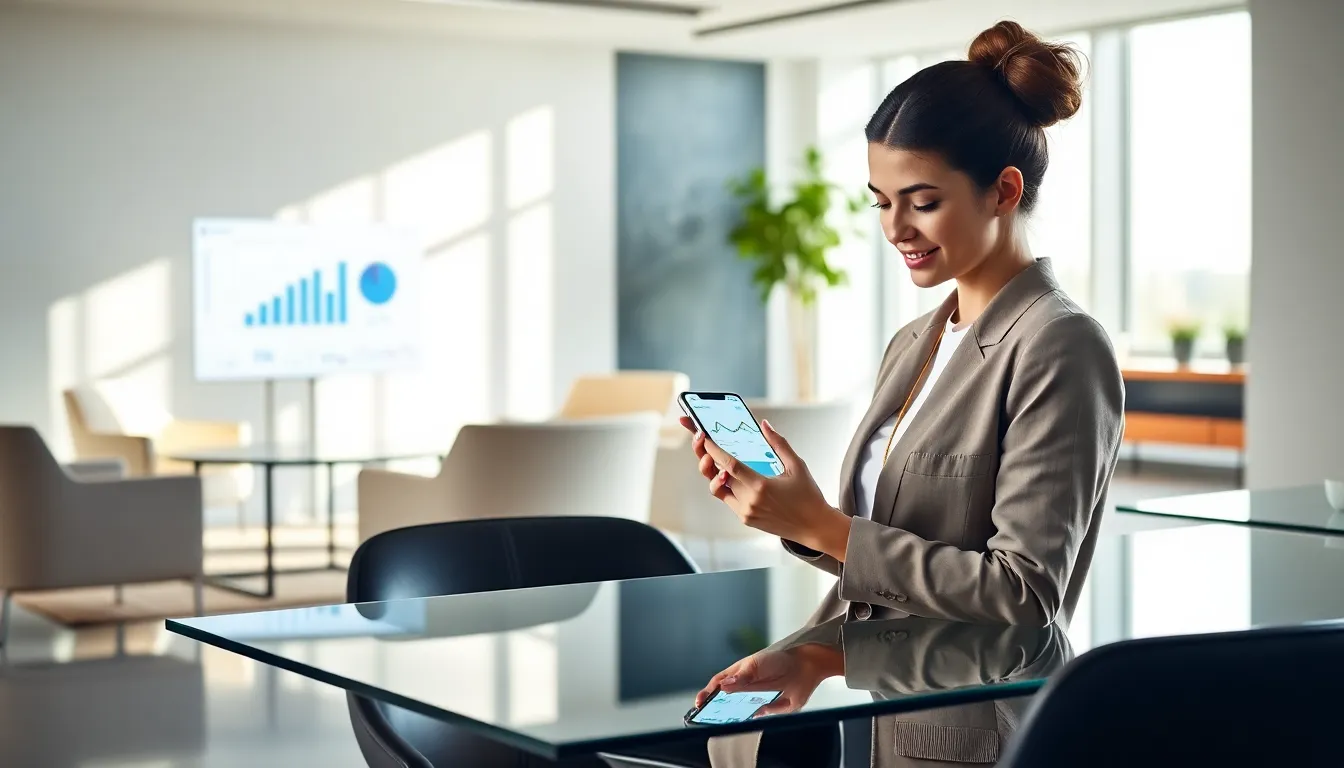 businesswoman using a CRM mobile app in a modern office.