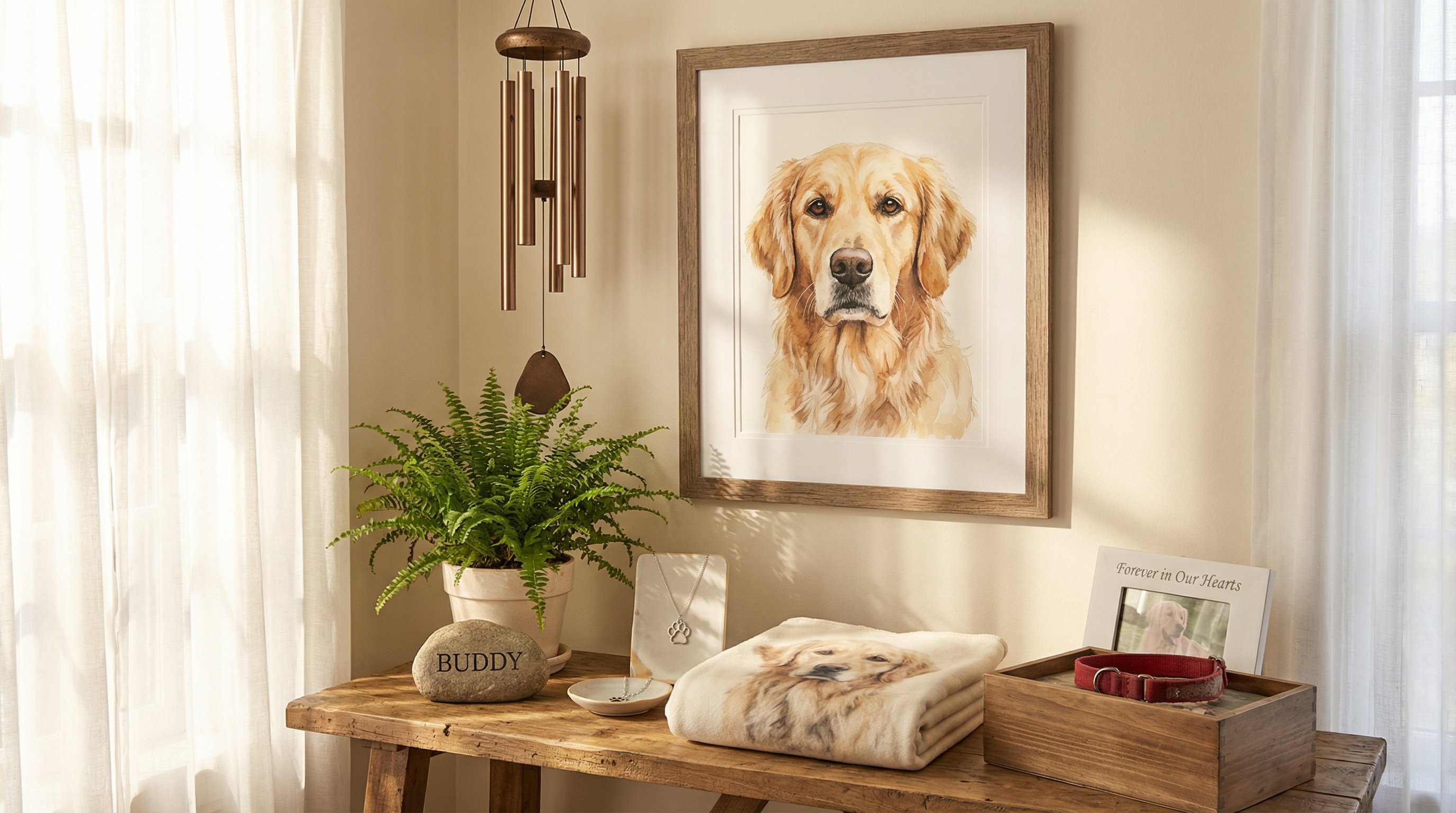 A cozy memorial display with a framed dog portrait, keepsakes, and wind chime in warm sunlight.