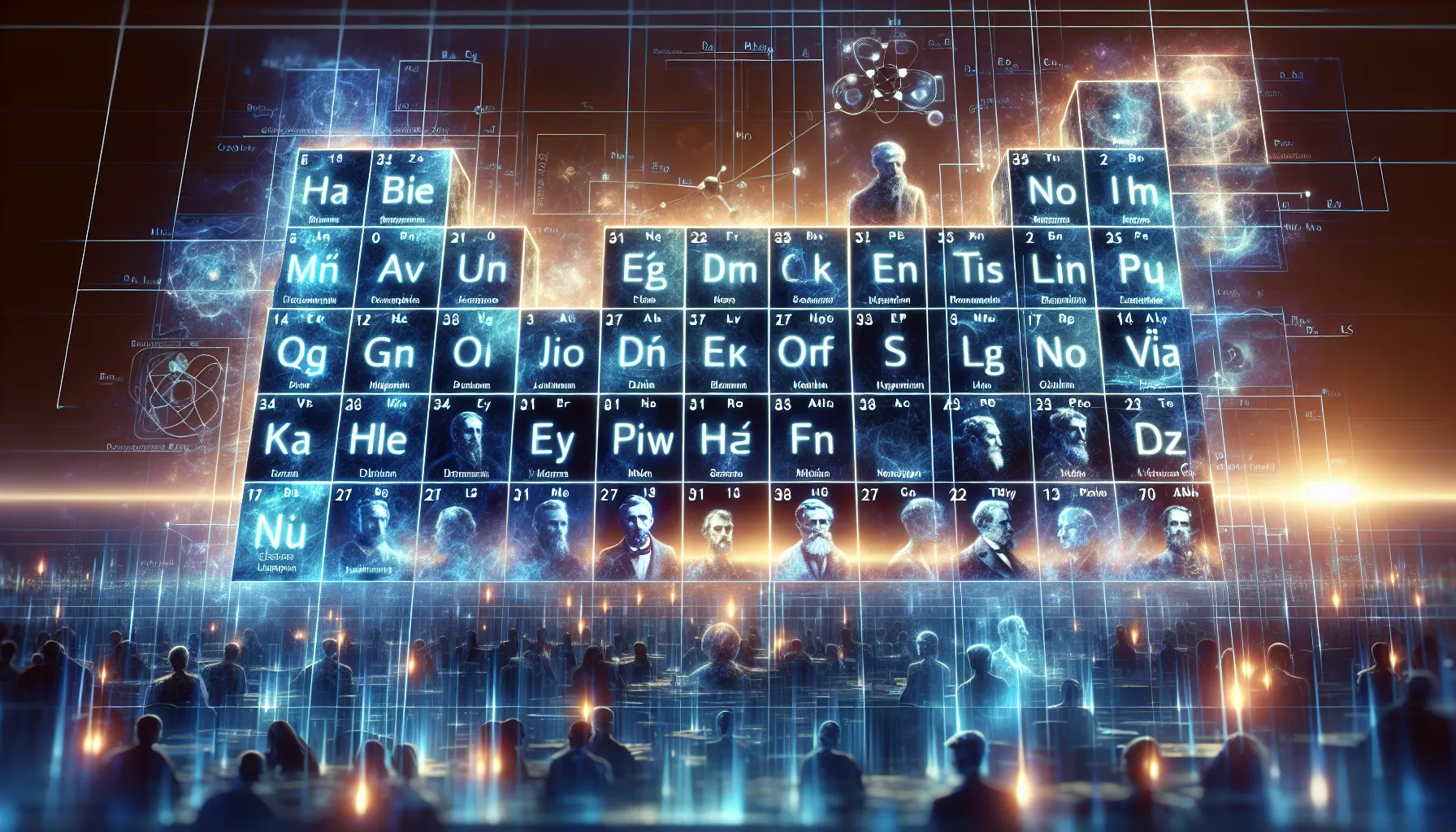 A stylized modern periodic table on a vibrant, historical-themed background.