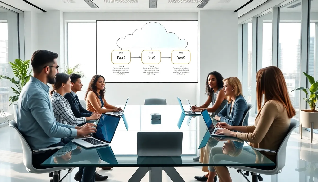 diverse team discussing cloud computing in a modern office.