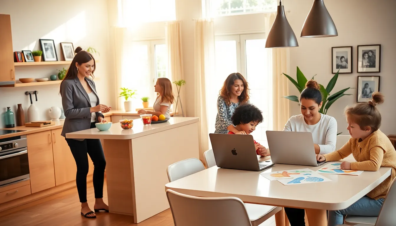 diverse mothers balancing work and parenting in a modern home.