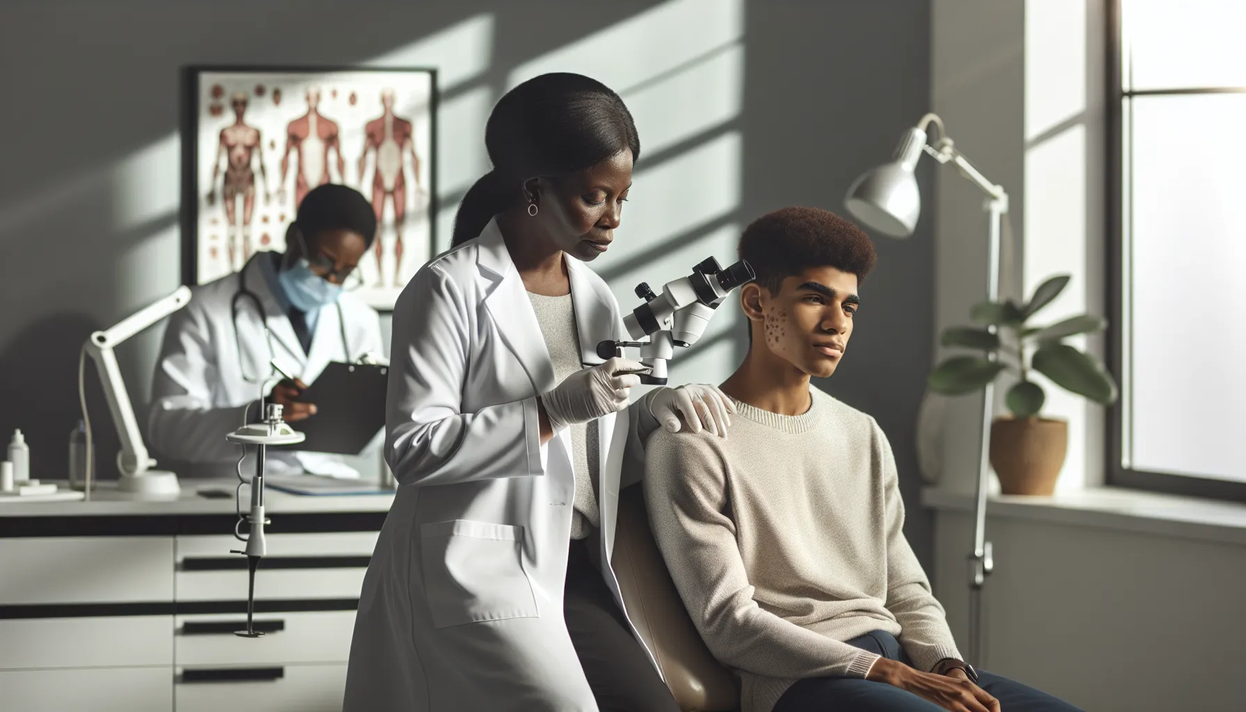 dermatologist examining a patient for dermatitis in a modern clinic.