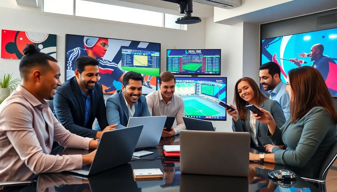 a team discussing sports updates in a modern office setting.
