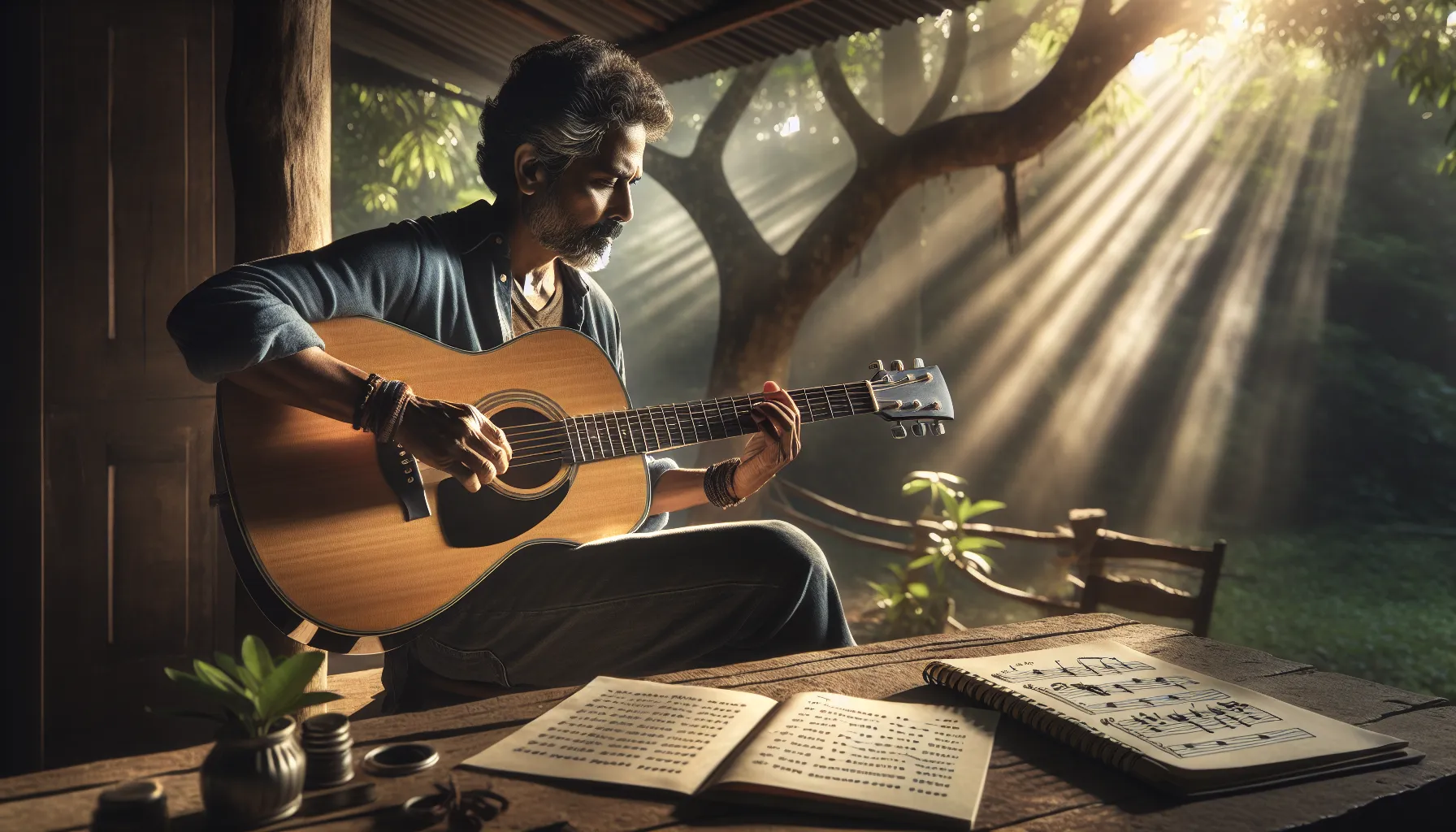 guitarist playing acoustic guitar in open E tuning outdoors.