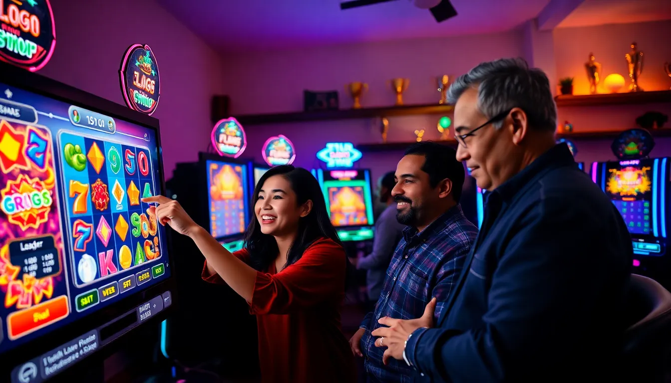 a group of diverse players enjoying an interactive online slot game at home.