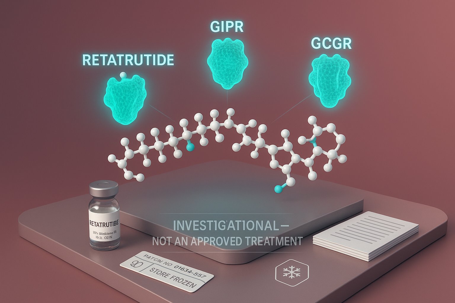 3D scientific model of retatrutide interacting with three metabolic receptors