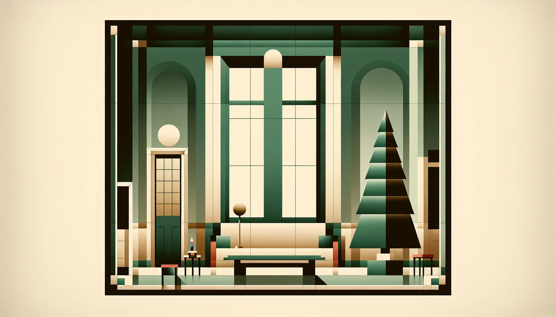 Minimalist 19th-century parlor with Christmas tree and Victorian furniture silhouettes