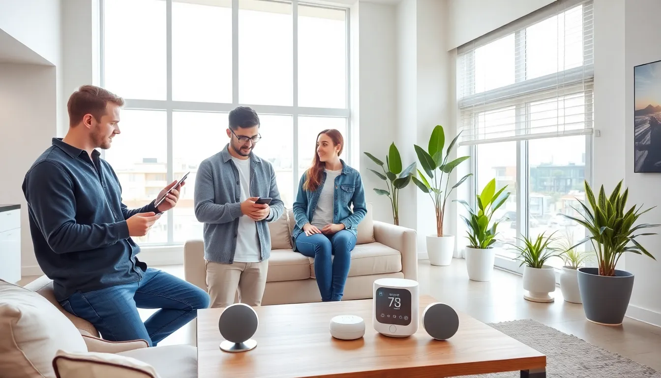 people interacting with smart technology in a modern apartment.
