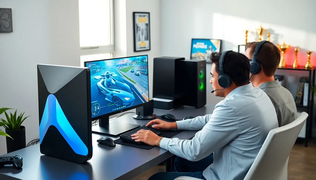 diverse team of gamers collaborating in a modern gaming setup.