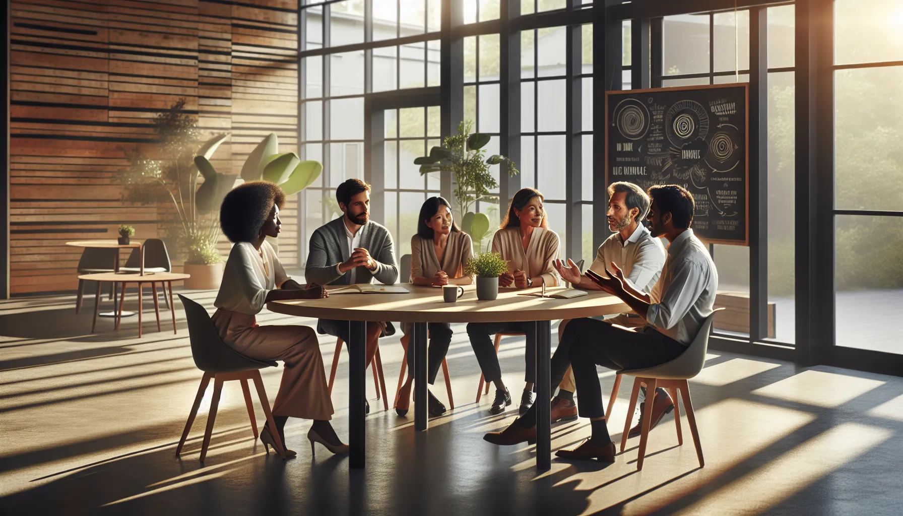 diverse team engaging in collaborative discussion around a table.