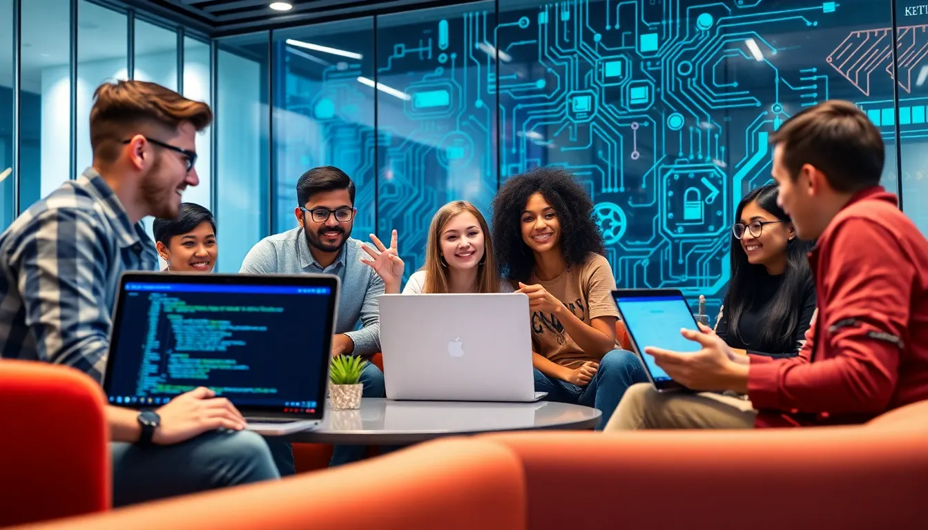 diverse group collaborating in a modern tech workspace.