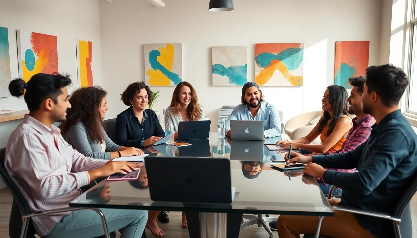 diverse team collaborating in a modern office space.
