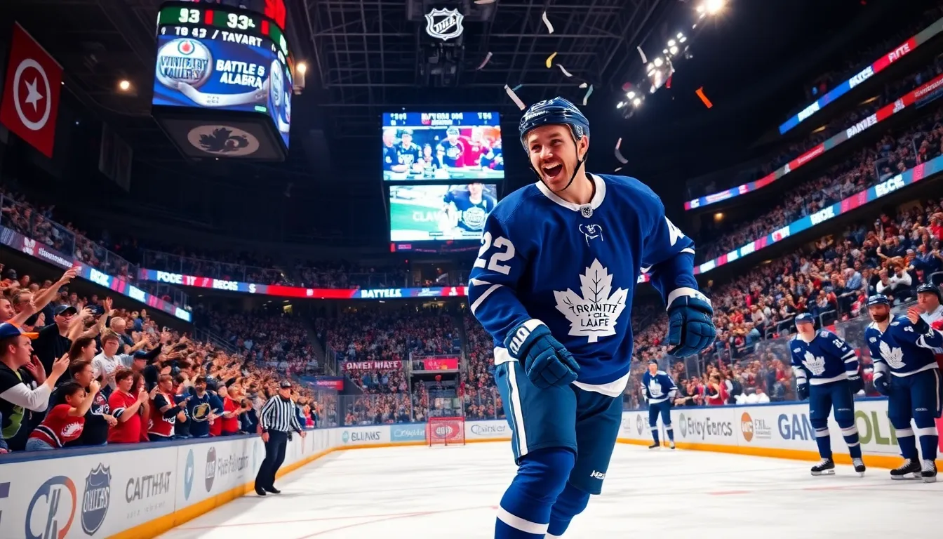 A jubilant hockey fan celebrating a Toronto Maple Leafs win in a packed arena.