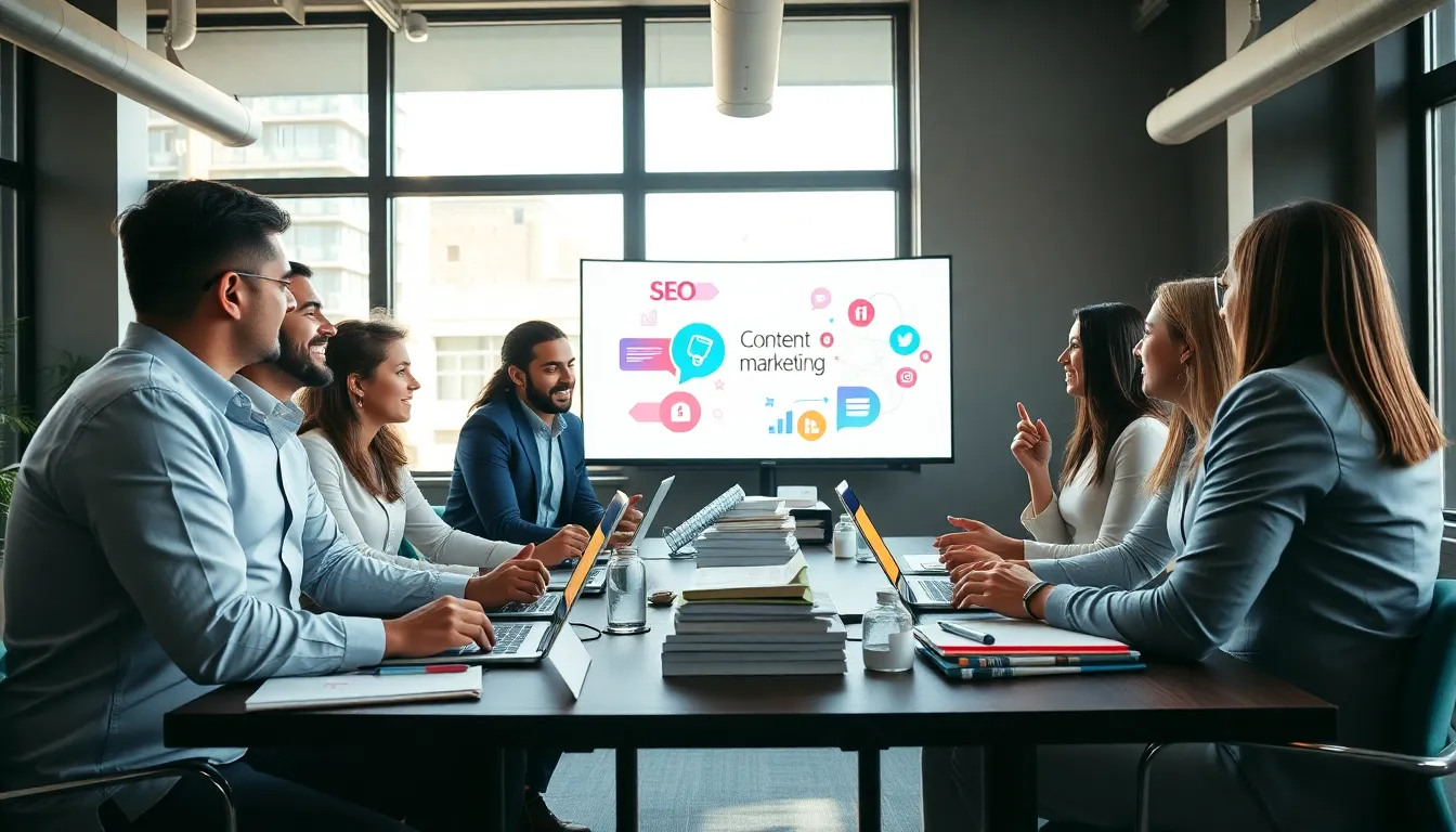 diverse team brainstorming digital marketing strategies in a modern office.