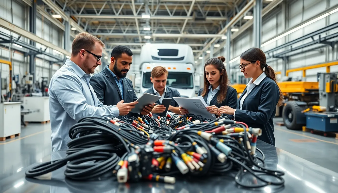 Engineers assembling truck wiring harnesses in a modern American factory.