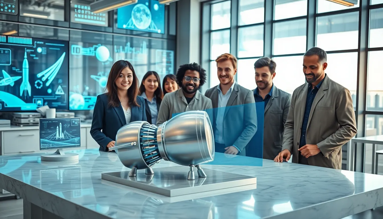 engineers collaborating on advanced space technology in a modern lab.