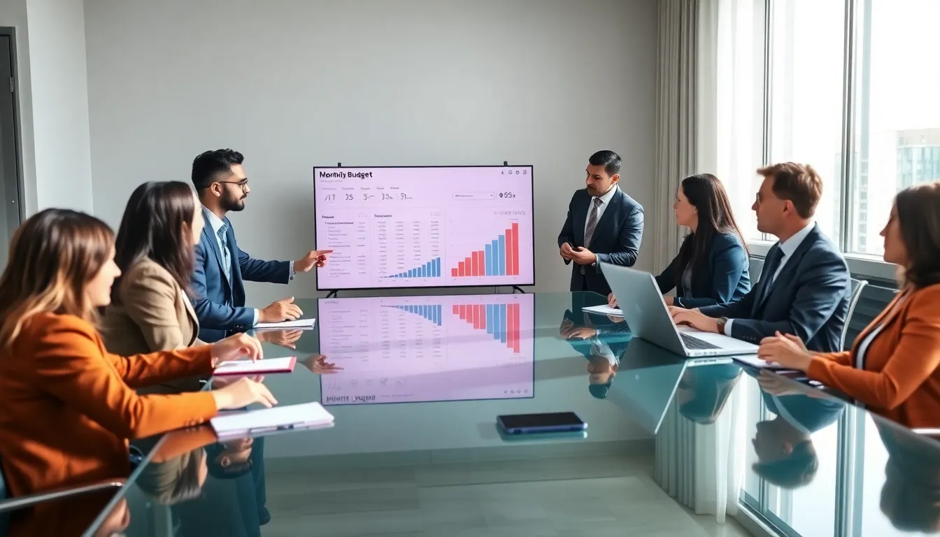 diverse team discussing monthly budget categories in a modern office.