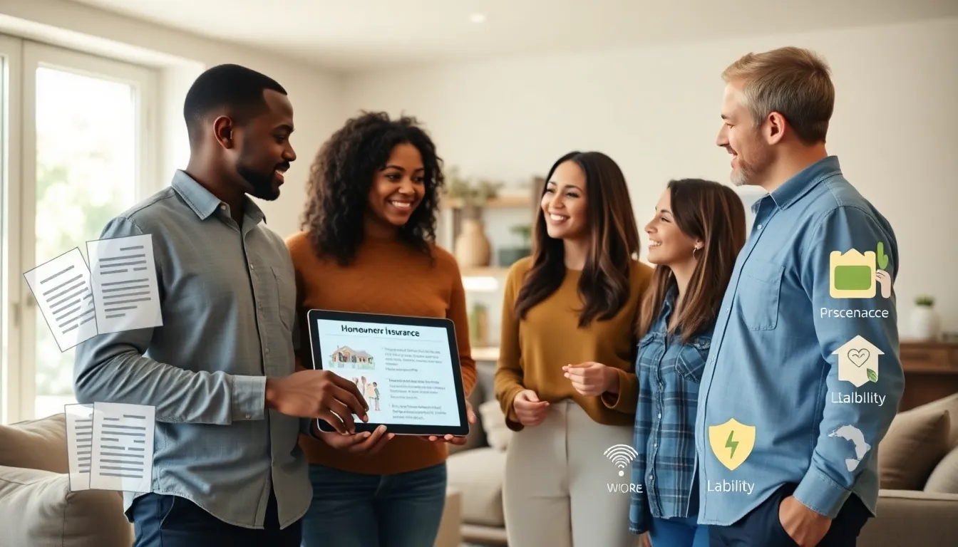 first-time homebuyers discussing homeowners insurance options in a modern living room.