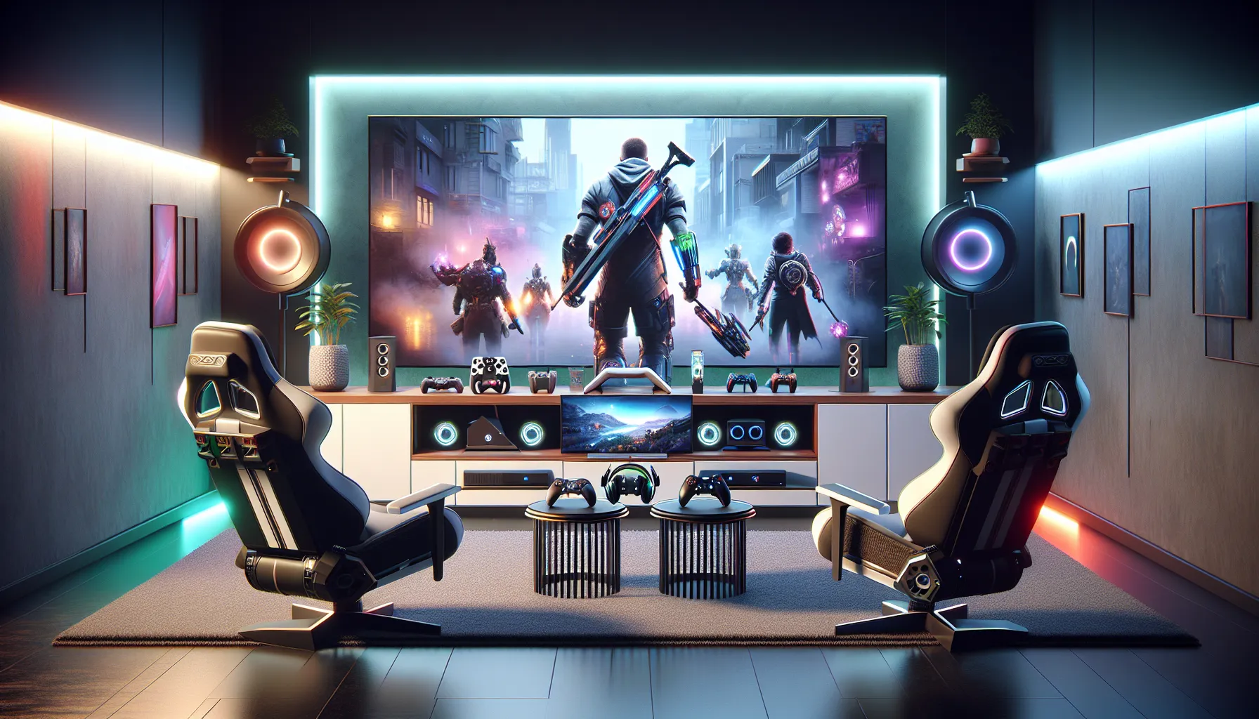 modern gaming setup with a console and cozy seating.