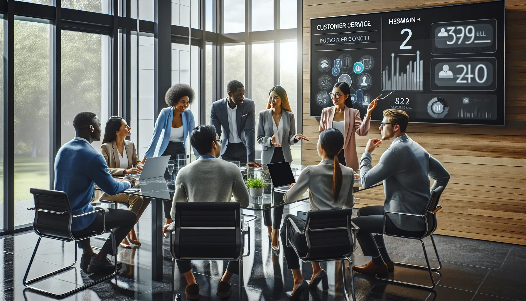 diverse team discussing customer service strategies in a modern office.