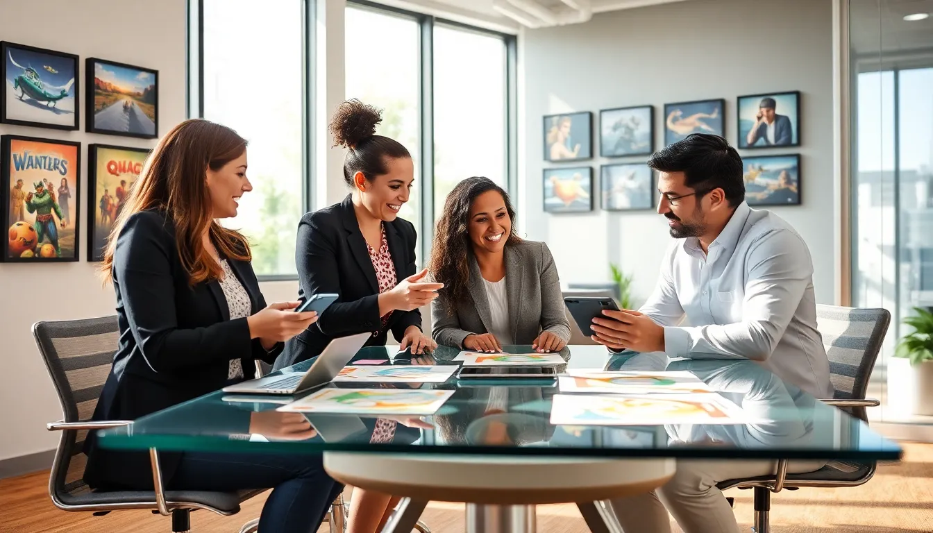 diverse team collaborating in a modern office on game designs.