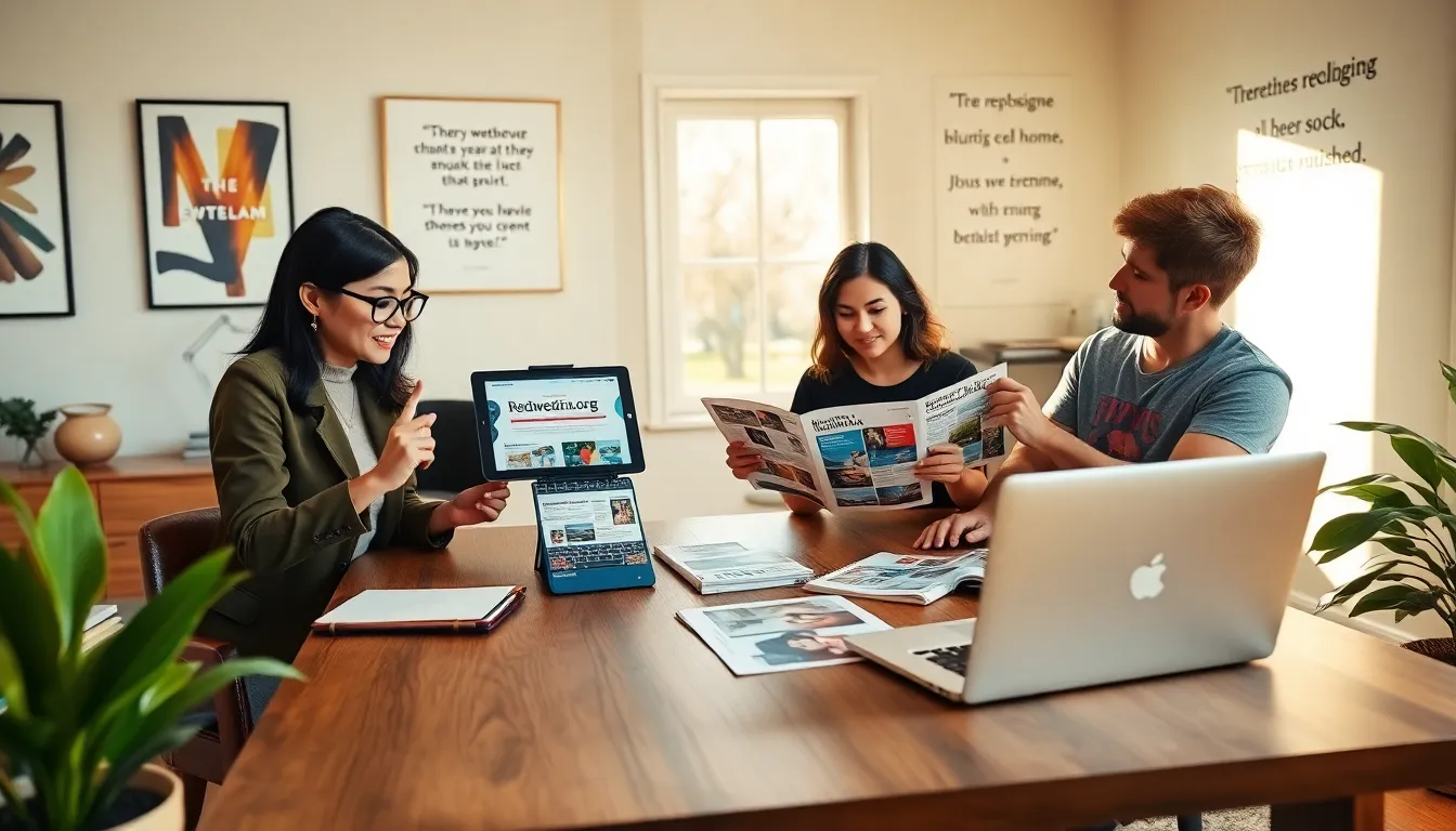 a diverse group discusses articles in a modern home office.