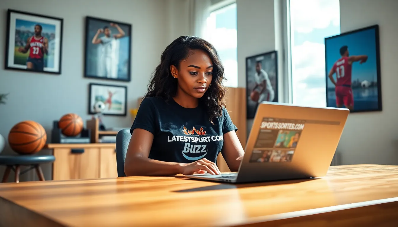 a woman engaging with the LatestSportsBuzz.com website in a sunny home office.