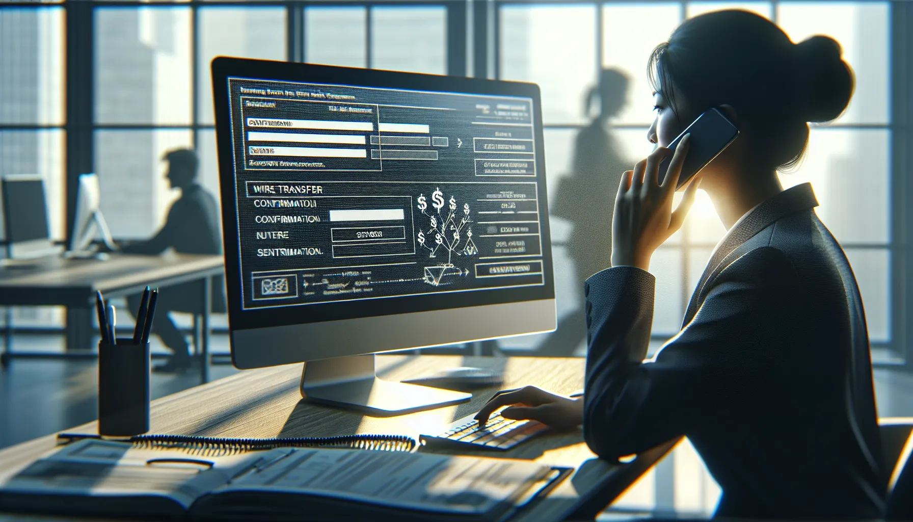 A digital screen with wire transfer details and a businessperson on a phone call.