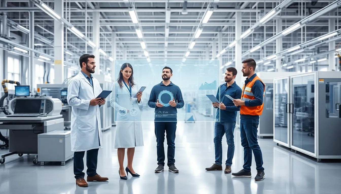 diverse team collaborating in a modern industrial setting with digital dashboards.