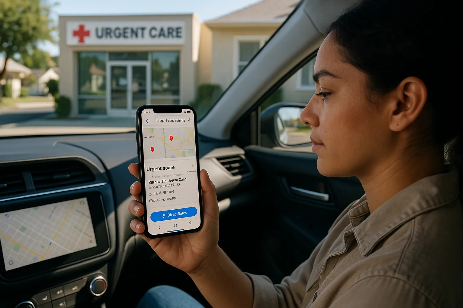 Woman in car choosing a nearby urgent care clinic from Google local search results.