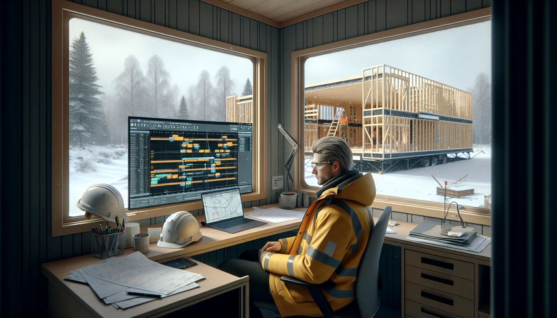 Planner in a norwegian site office reviewing schedule dependencies and change log.