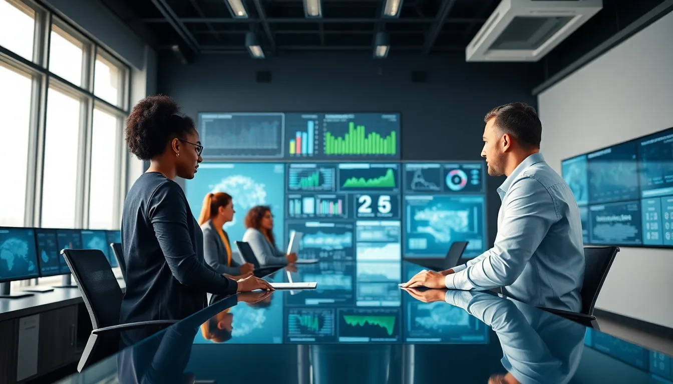 diverse team analyzing data in a modern oil and gas control room.