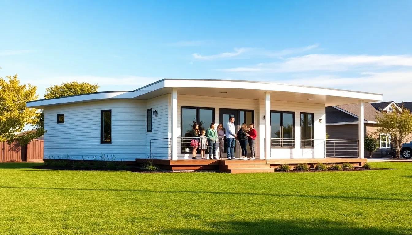 modern modular home with wrap-around porch in a suburban setting.
