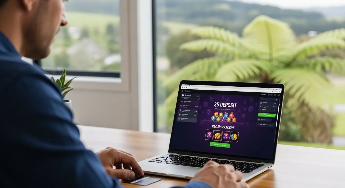 A person analyzing a five-dollar deposit casino bonus on a laptop in a New Zealand home.