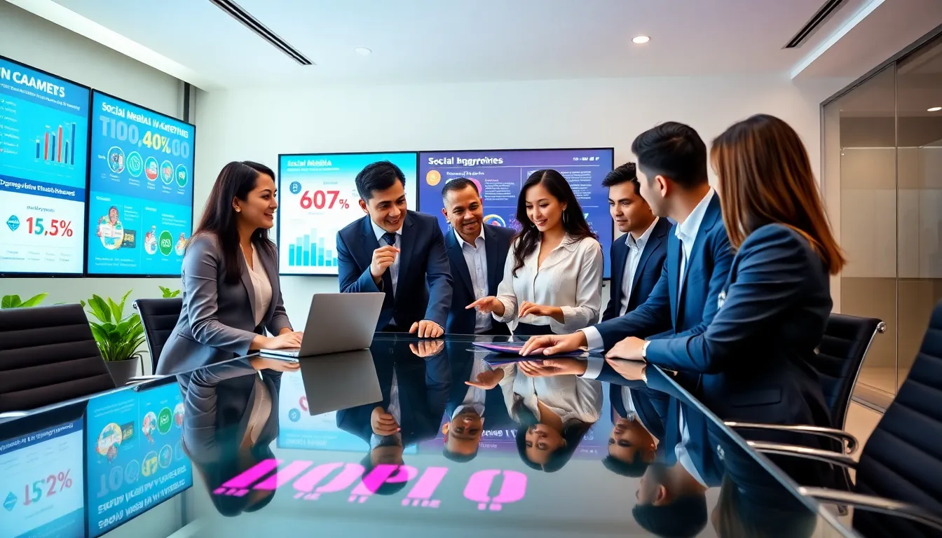 diverse marketing team strategizing social media in a modern office.