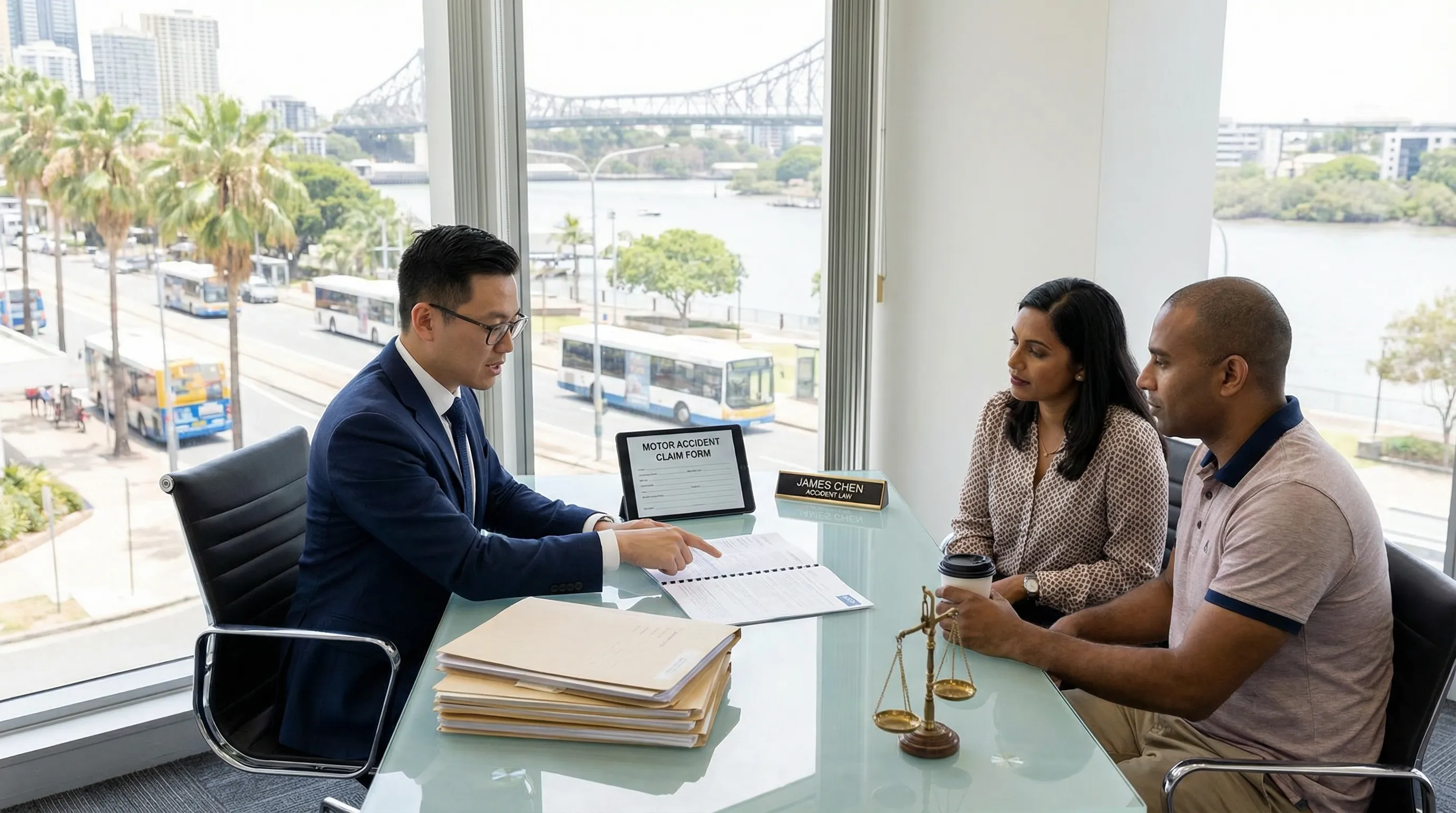 Car accident lawyer advising clients in a modern Brisbane office.