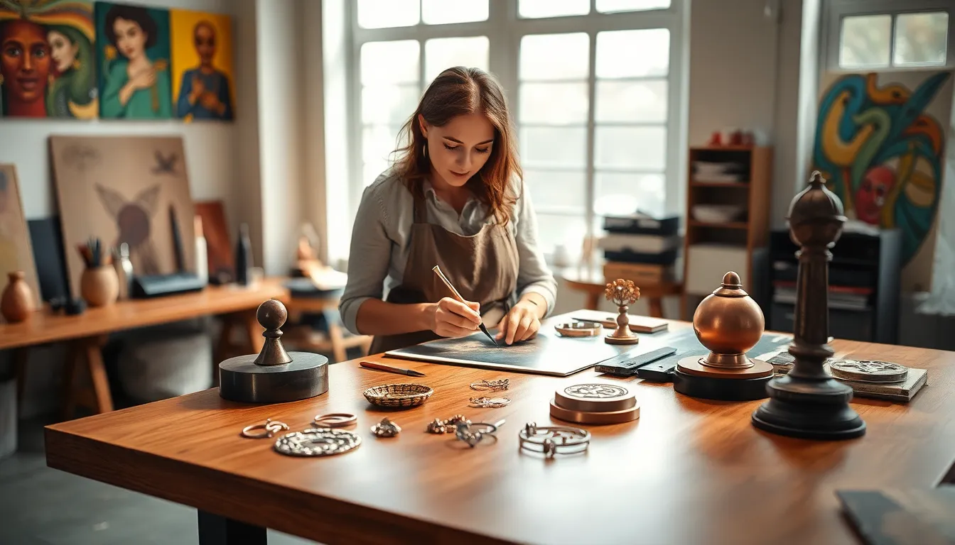 artist creating copper art in a modern studio.