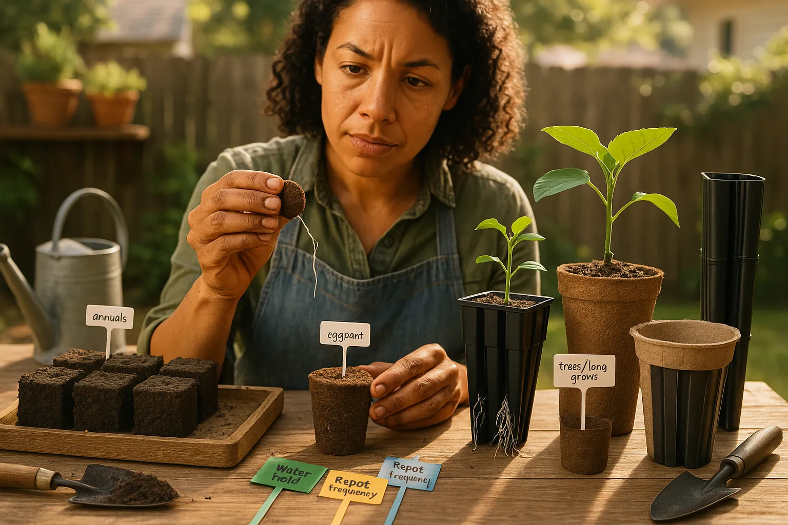Gardener comparing coir plugs, soil blocks, deep cells, and biodegradable pots.